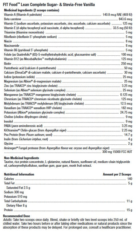 FIT Food Lean Complete Vanilla Sugar & Stevia Free
